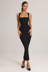 Modal Square-Neck Bodycon Midi Dress in Black