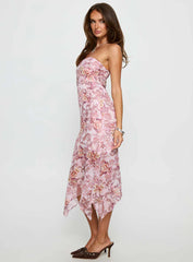 Coralis Strapless Asymmetrical Midi Dress Pink Paisley