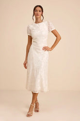 Bridget Ivory Floral Jacquard Puff Sleeve Midi Dress