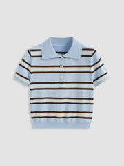 Knit Polo Collar Stripe Short Sleeve Top