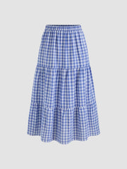 Woven High Rise Gingham Tiered Midi Skirt