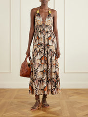 Embellished printed shirred tiered georgette halterneck midi dress