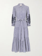 Belted tiered embroidered striped cotton-poplin midi dress
