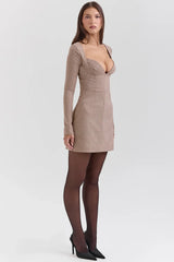 Angelie-Brown Puppytooth Check Plunge Mini Dress - SALE