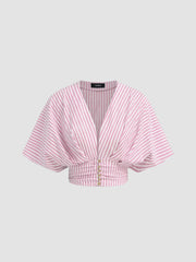 Cotton-blend V-neck Stripe Ruched Dolman Sleeve Shirt
