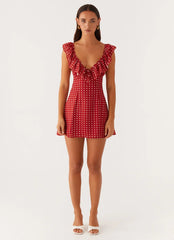 Adrina Ruffle Mini Dress - Red Polka Dot