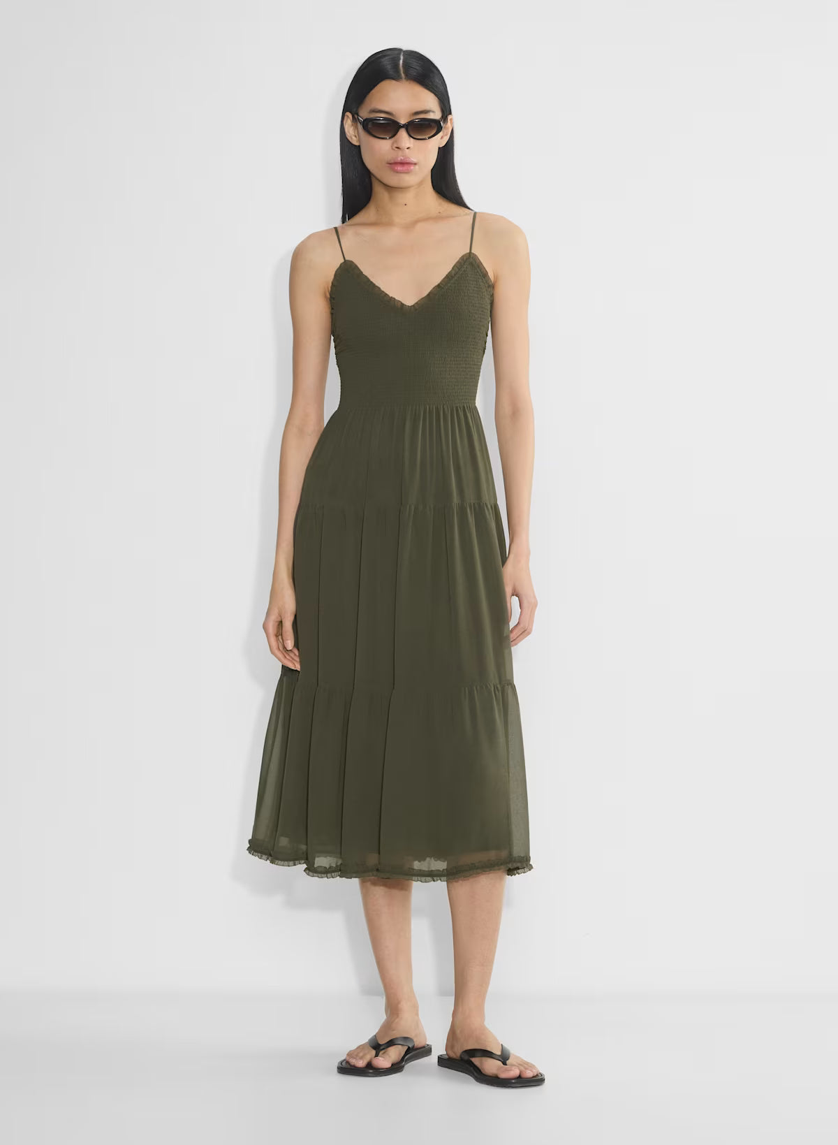 Chiffon tiered V-neck midi dress— dark olive