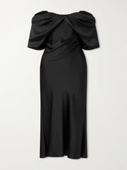 Off-the-shoulder draped satin midi dress