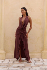 Rooftop View Halter Maxi Dress Brown