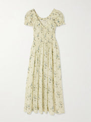 Ashlynn tie-detailed shirred floral-print organic cotton-voile midi dress