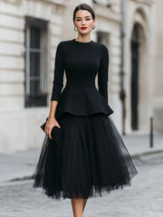 Structured Peplum Top and Layered Midi Skirt Set