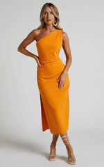 Monette Midi Dress - One Shoulder Straight Dress in Orange