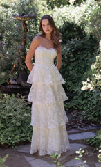 Floral Smocked Ruffle Maxi Dress In Cream