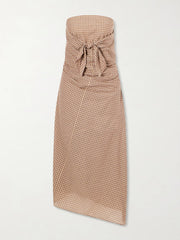 Sleeveless knot-detailed draped checked cotton midi dress