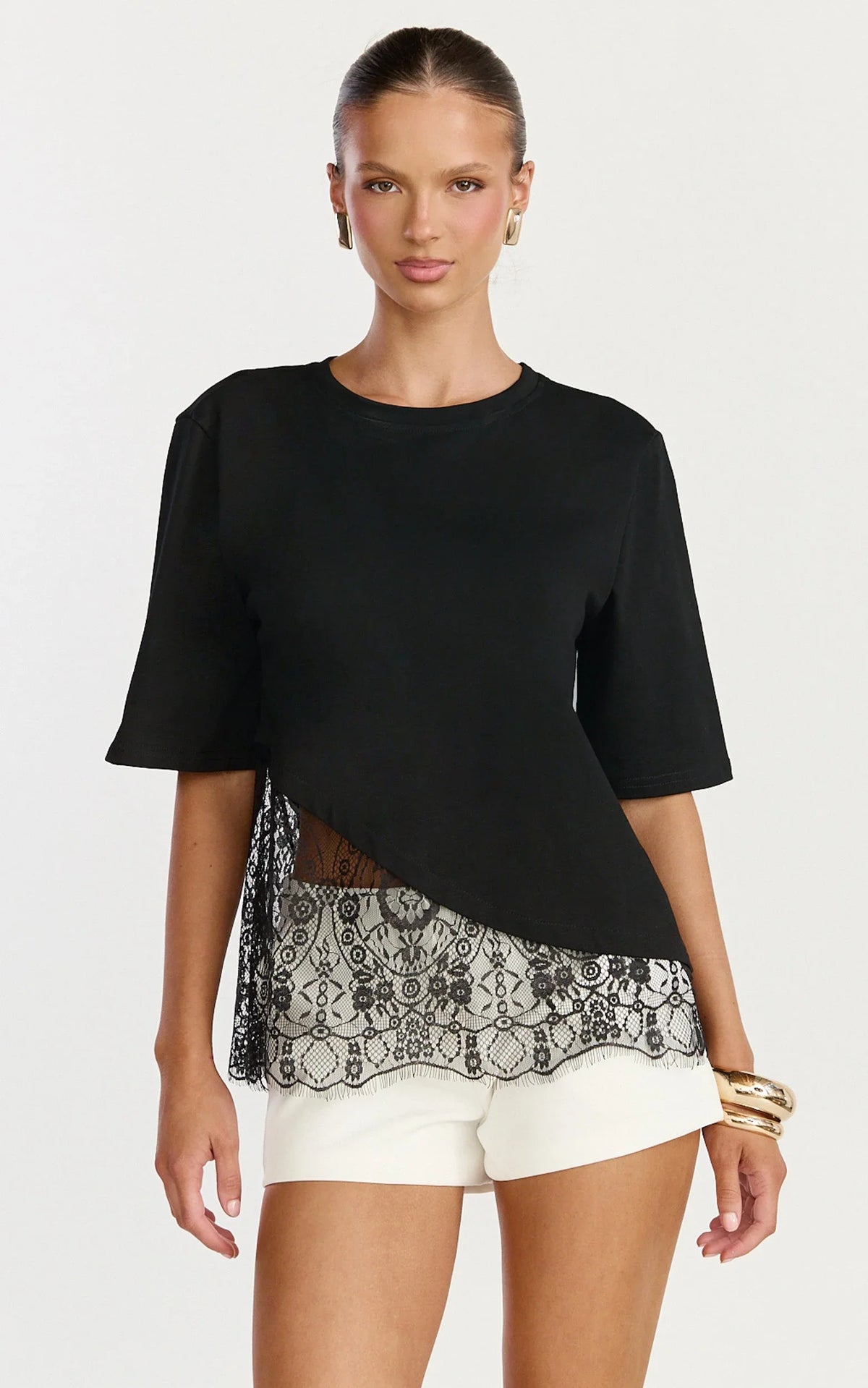 Abby Top - Asym Tee with Lace Trim in Black