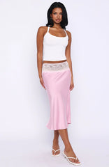 For A Long Time Lace Trim Midi Skirt Pink