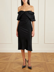 Off-the-shoulder draped satin midi dress