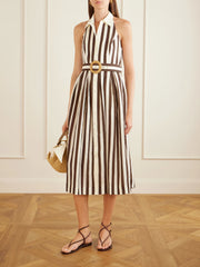 Quentin belted pleated striped cotton-poplin halterneck midi dress