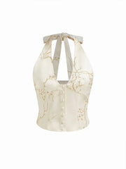 Halter V-Neck Knotted Floral Embroidery Top