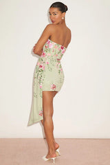 Aritz Sage Green Embroidered Sash Strapless Mini Dress