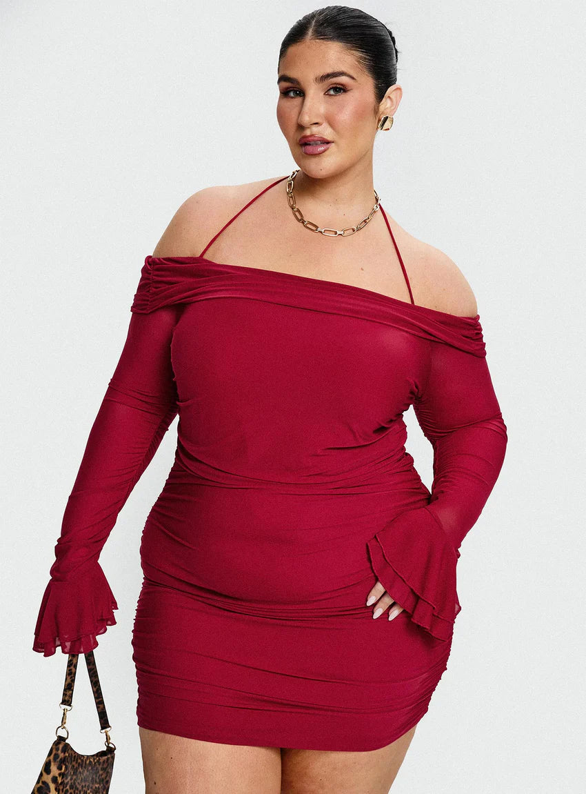 Taylon Off Shoulder Long Sleeve Mini Dress Red Curve
