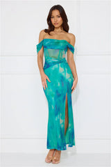 Timeless Grace Off Shoulder Mesh Maxi Dress Green