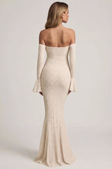Off-Shoulder Ruffle Lace Maxi Dress in Ivory