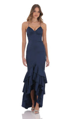 Satin Ruffle Fishtail Maxi Dress in Navy