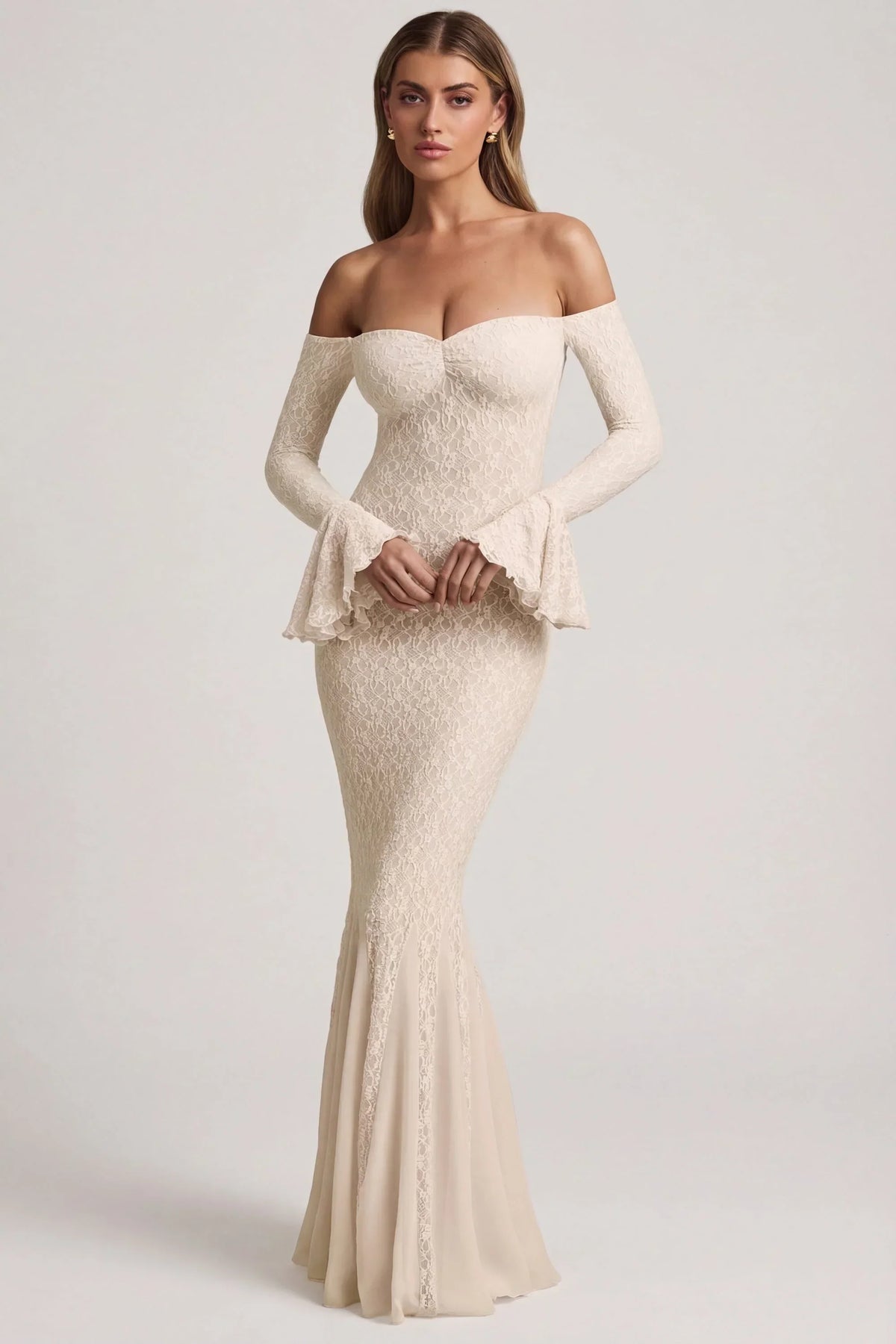 Off-Shoulder Ruffle Lace Maxi Dress in Ivory