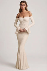 Off-Shoulder Ruffle Lace Maxi Dress in Ivory