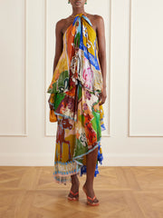 Mlak draped printed organza halterneck midi dress