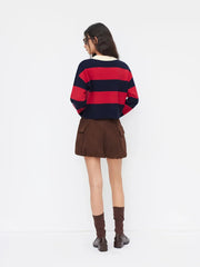 Knit Stripe Polo Collar V-neck Long Sleeve Oversized Top