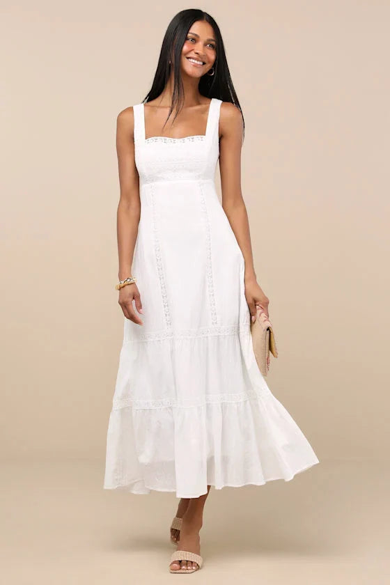 Esmeray White Lace Sleeveless Tiered Midi Dress