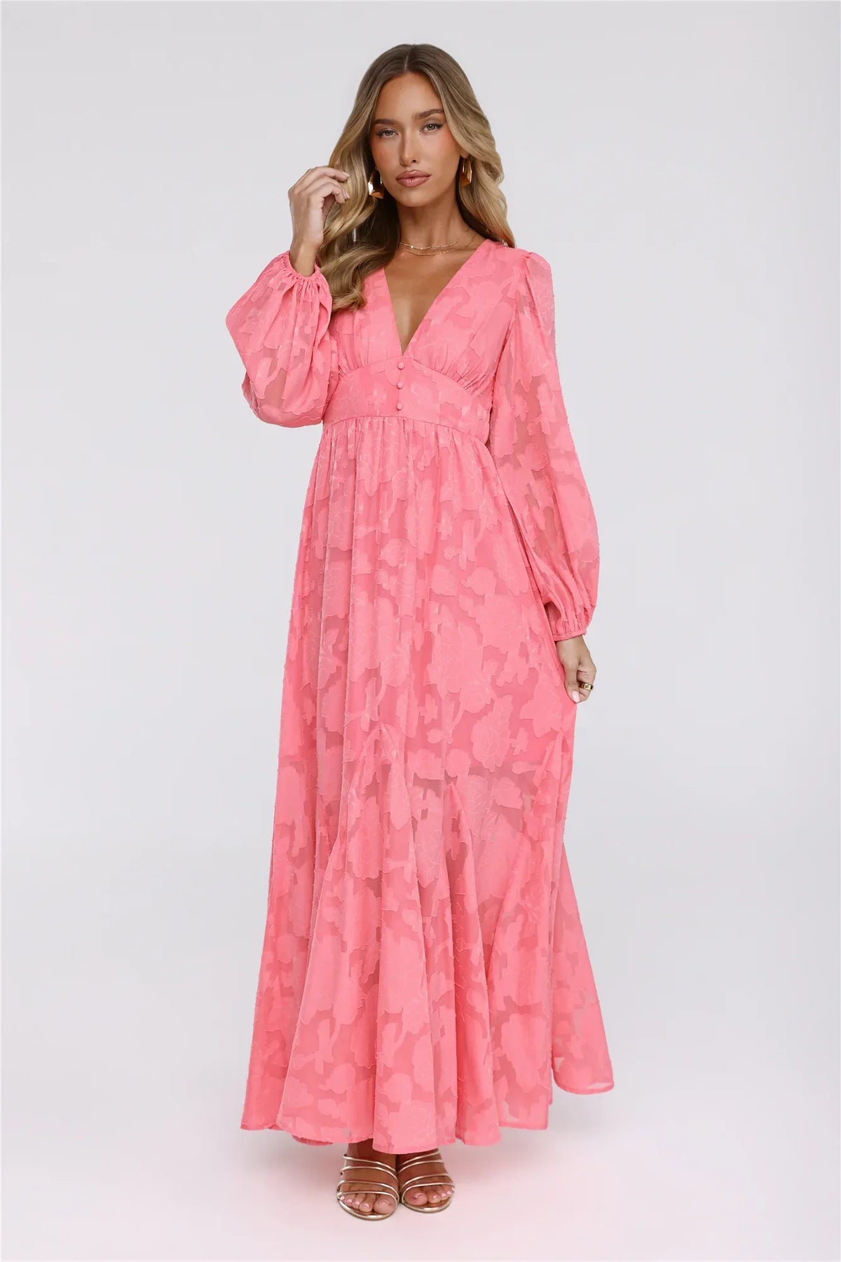 Glow Blossom Long Sleeve Maxi Dress Coral