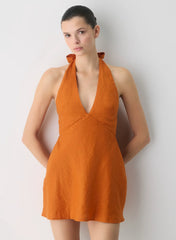 Nightscape Linen Halter Micro Dress-mesa orange