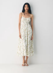 Sleeveless crepe maxi dress with floral pattern