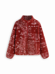 Fleece Stand Collar Paisley Print Oversized Jacket