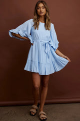 Joni Batwing Sleeve Waist Tie Dress Ruffle Blue