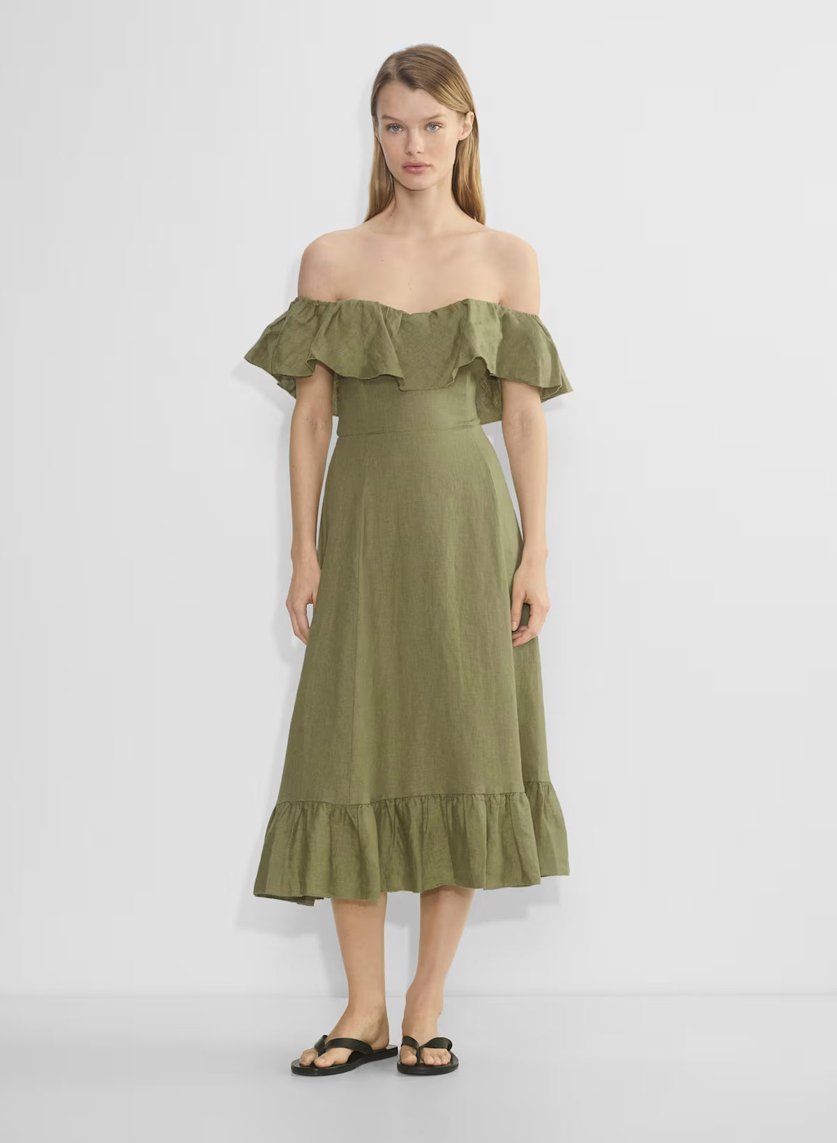 Off-the-shoulder linen midi dress