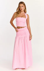 Anya Two Piece Top and Skirt Set - Gathered Halted Neck Top And High Waist  Maxi Skirt in Pink