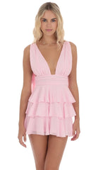Plunge Neck Ruffle Dress in Pink
