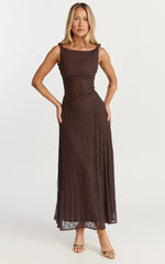 Abby Midi Dress - High Neck Asym Detail Dress in Chocolate