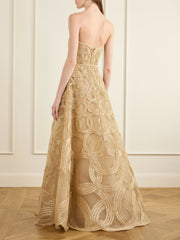 Strapless sequin-embellished raffia-trimmed tulle midi dress