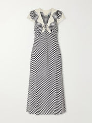 Amari bow-detailed lace-trimmed checked woven midi dress