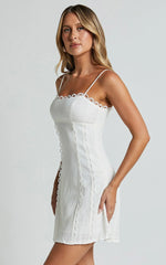 Gelli Mini Linen Blend Dress - Strappy Lace Detail Dress in White