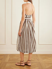 Quentin belted pleated striped cotton-poplin halterneck midi dress