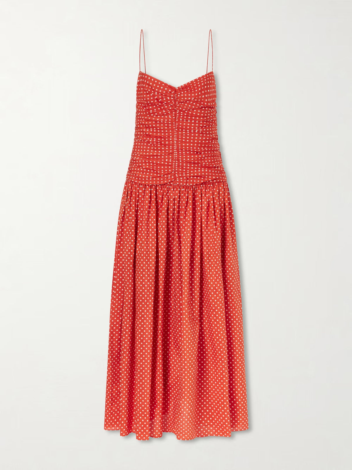 Gathered polka-dot organic cotton and silk-blend midi dress