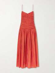 Gathered polka-dot organic cotton and silk-blend midi dress