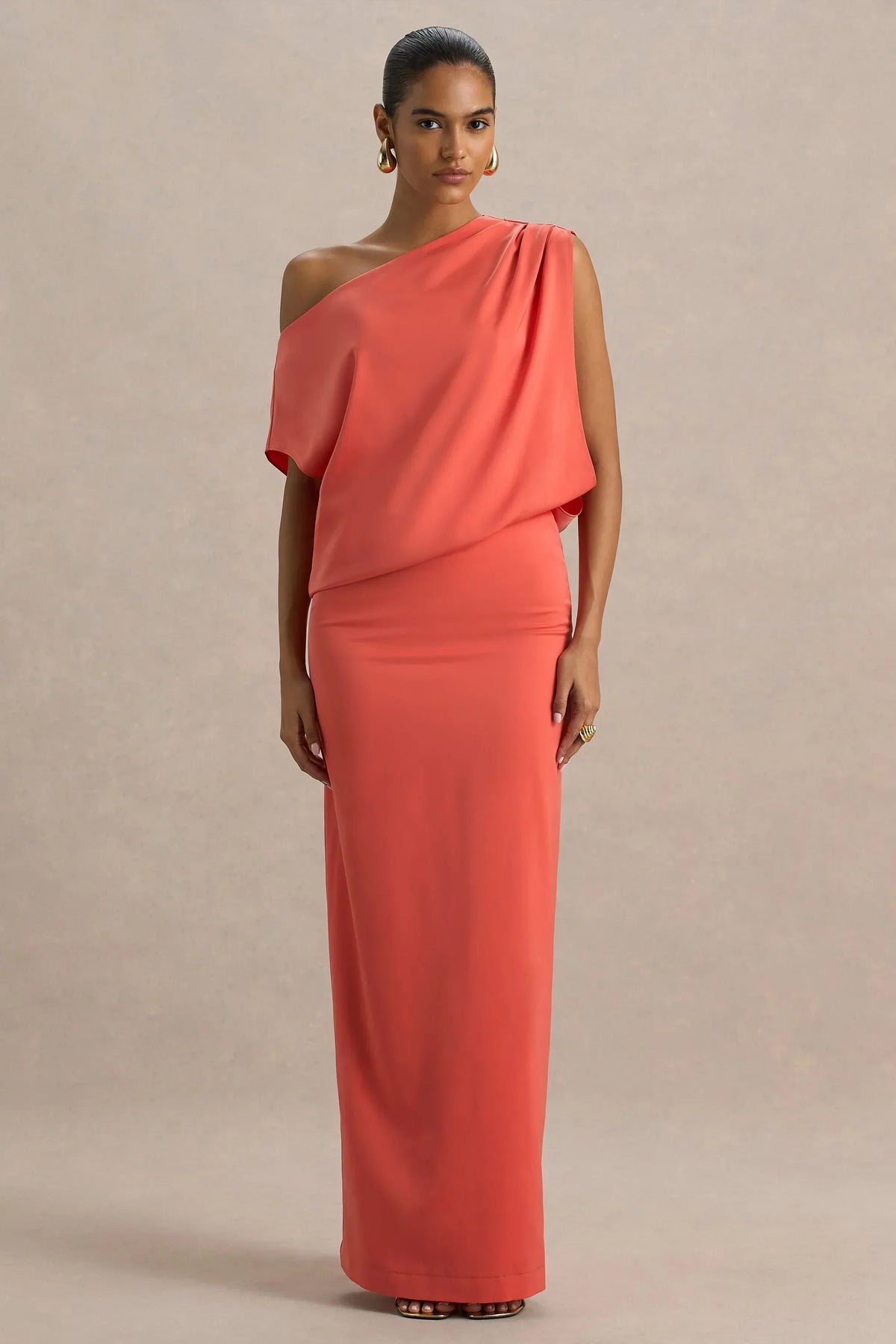 Ronnie | Coral Satin Asymmetric-Neck Maxi Dress With Draping Detail