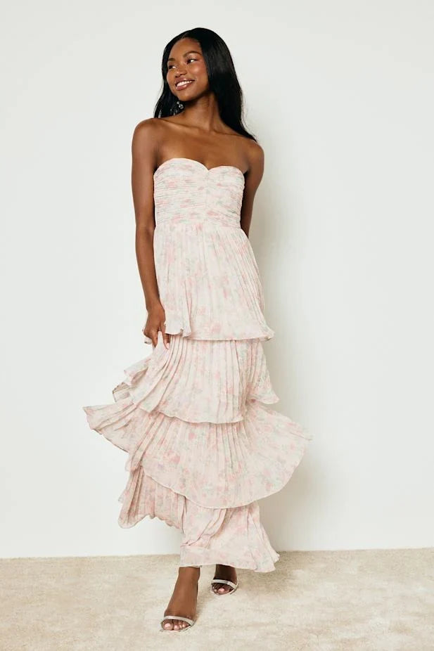 Seriously Sensational Blush Floral Strapless Tiered Maxi Dress